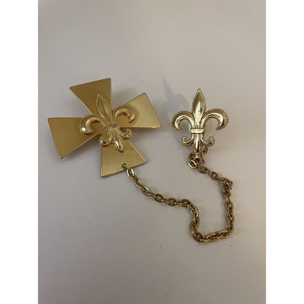 Vintage Misaligned Cross Fleur DeLis Brooch Pin Brass Color Metal 1.75" Tall